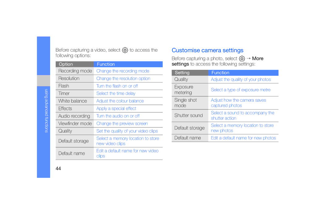 Samsung GT-B5722 user manual Quality, Exposure, Metering, Single shot, Mode, Shutter sound, Default name 