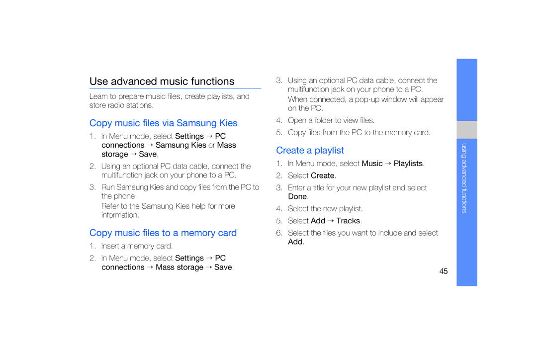 Samsung GT-B5722 Use advanced music functions, Copy music files via Samsung Kies, Copy music files to a memory card 