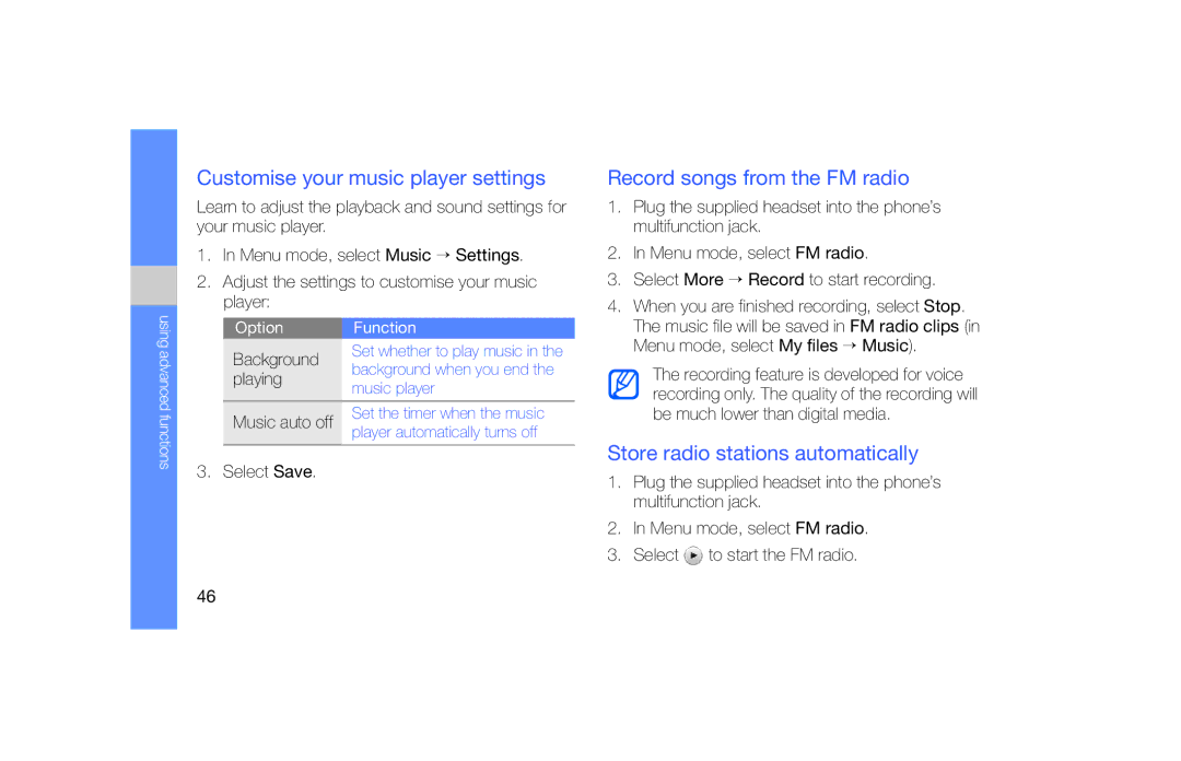 Samsung GT-B5722 Customise your music player settings, Record songs from the FM radio, Store radio stations automatically 