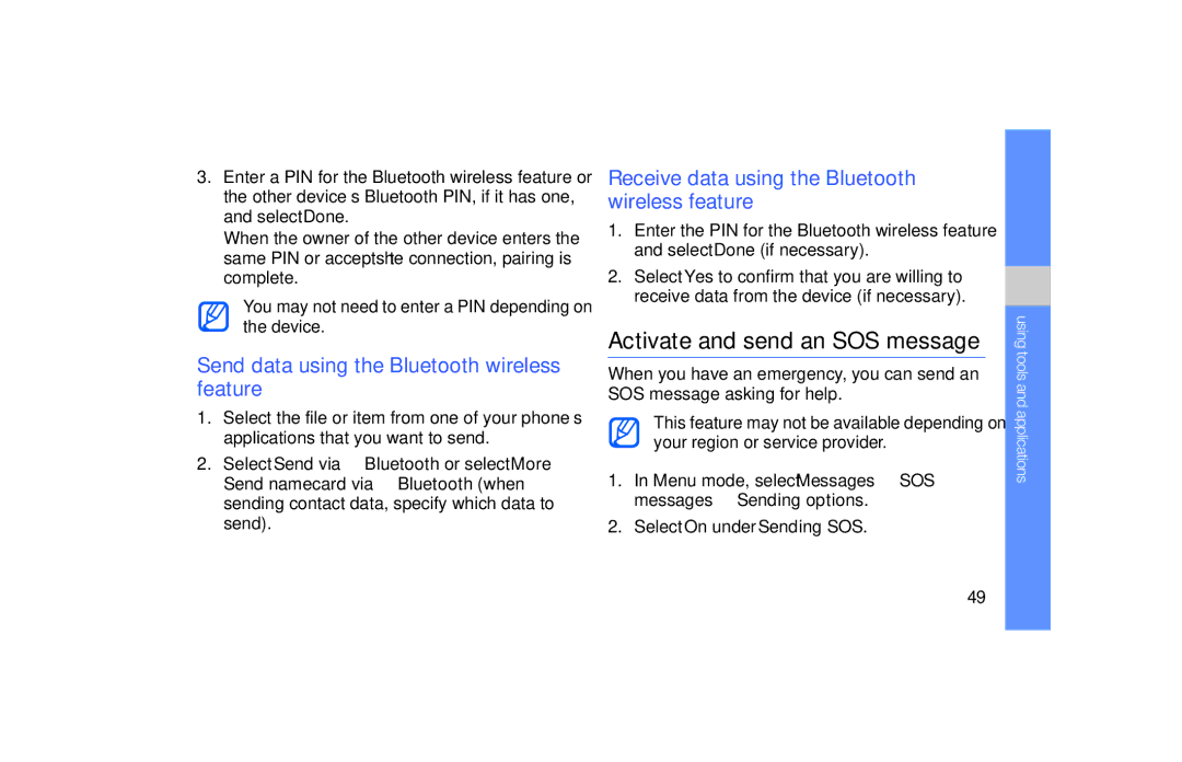 Samsung GT-B5722 user manual Activate and send an SOS message, Send data using the Bluetooth wireless feature 