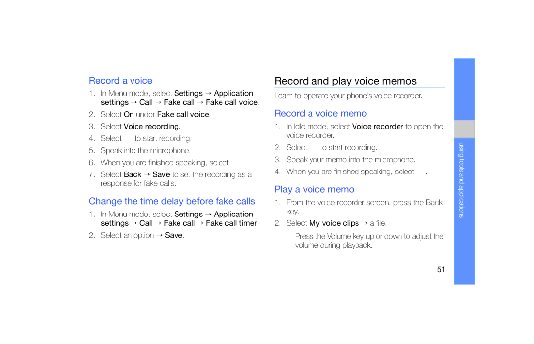 Samsung GT-B5722 user manual Record and play voice memos, Change the time delay before fake calls, Record a voice memo 