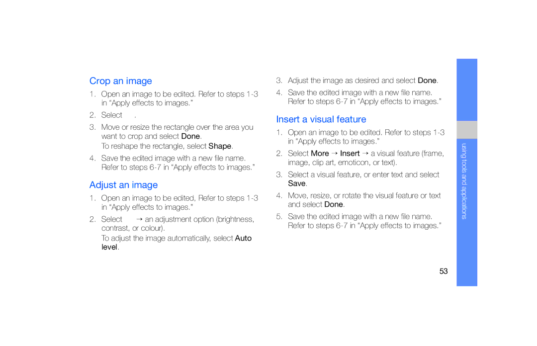 Samsung GT-B5722 user manual Crop an image, Adjust an image, Insert a visual feature 