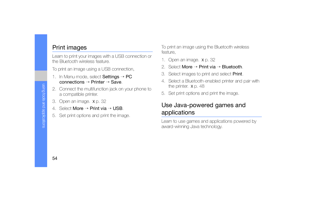 Samsung GT-B5722 user manual Print images, Use Java-powered games and applications 