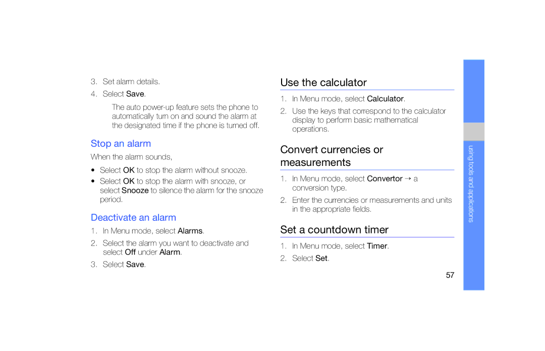 Samsung GT-B5722 user manual Use the calculator, Convert currencies or measurements, Set a countdown timer, Stop an alarm 