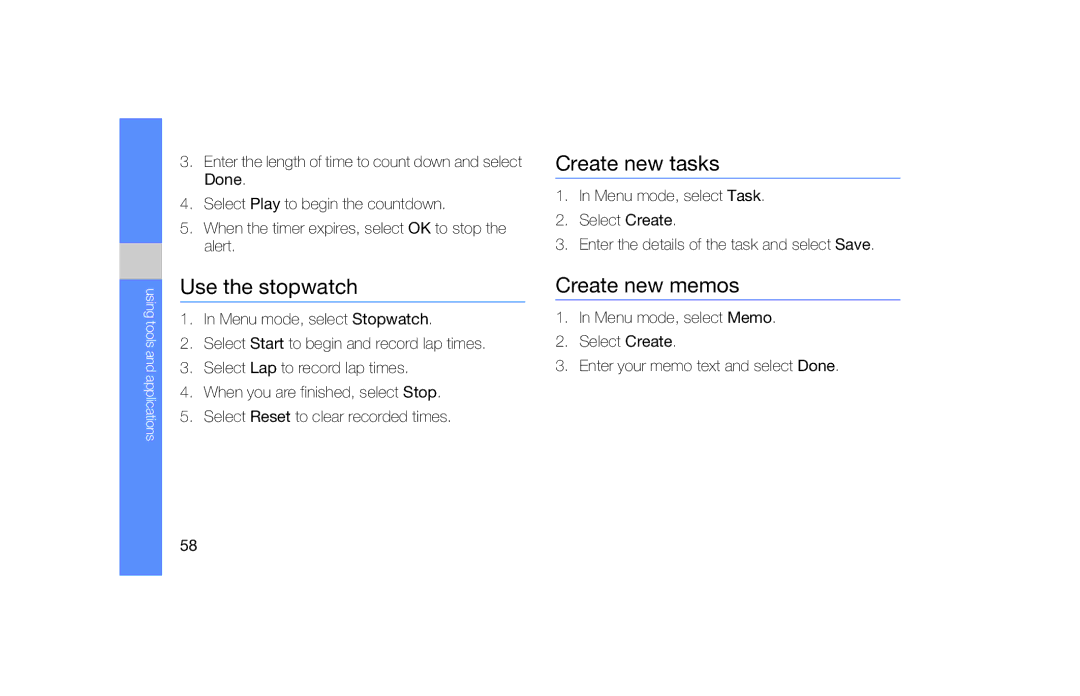 Samsung GT-B5722 user manual Use the stopwatch, Create new tasks, Create new memos 