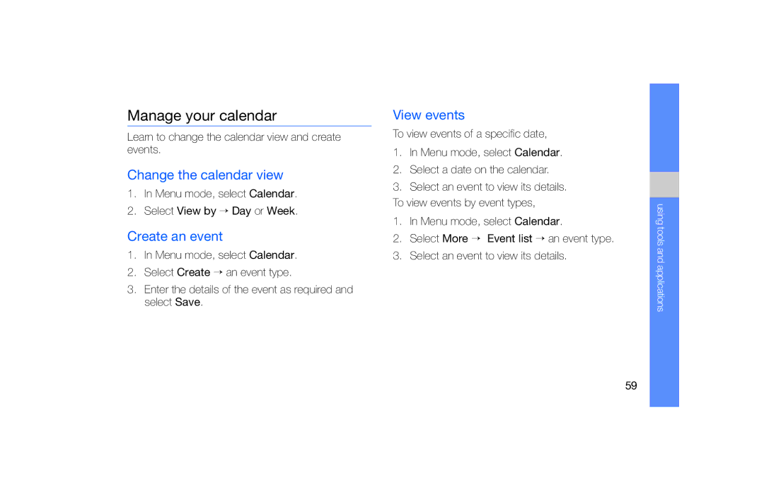 Samsung GT-B5722 user manual Manage your calendar, Change the calendar view, Create an event, View events 