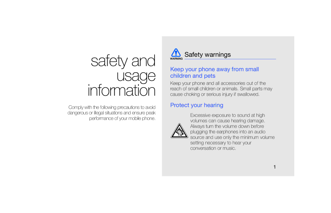 Samsung GT-B5722 user manual Safety warnings, Keep your phone away from small children and pets, Protect your hearing 