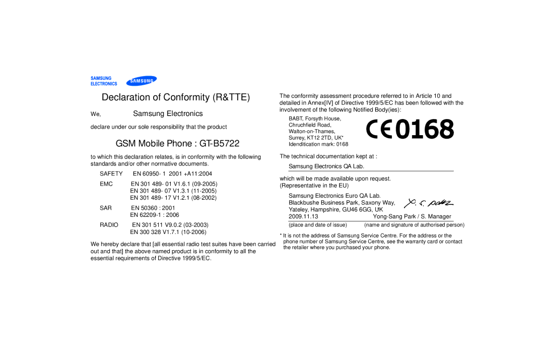 Samsung GT-B5722 user manual Declaration of Conformity R&TTE 