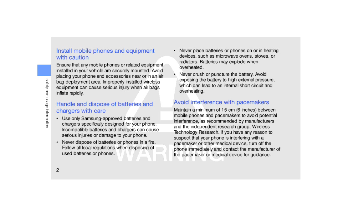 Samsung GT-B5722 Install mobile phones and equipment with caution, Handle and dispose of batteries and chargers with care 