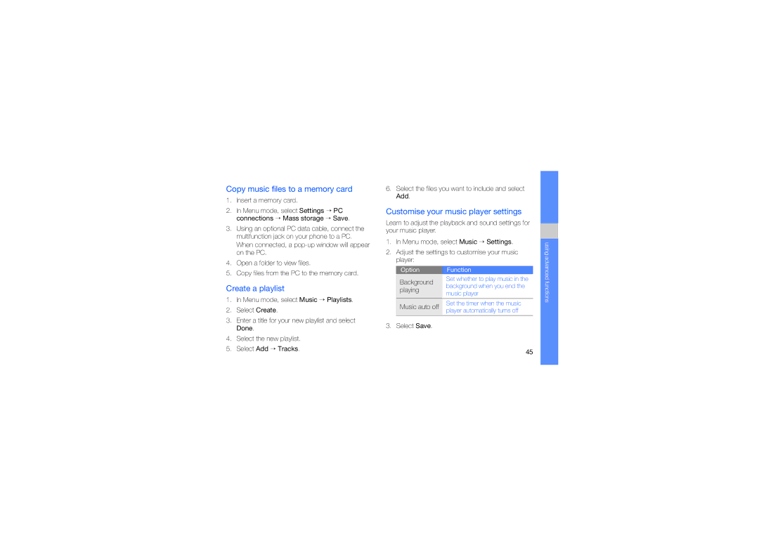 Samsung GT-B5722LIAKSA manual Copy music files to a memory card, Create a playlist, Customise your music player settings 