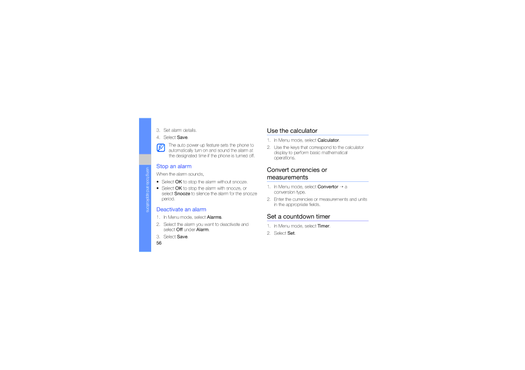 Samsung GT-B5722LIAARB manual Use the calculator, Convert currencies or measurements, Set a countdown timer, Stop an alarm 