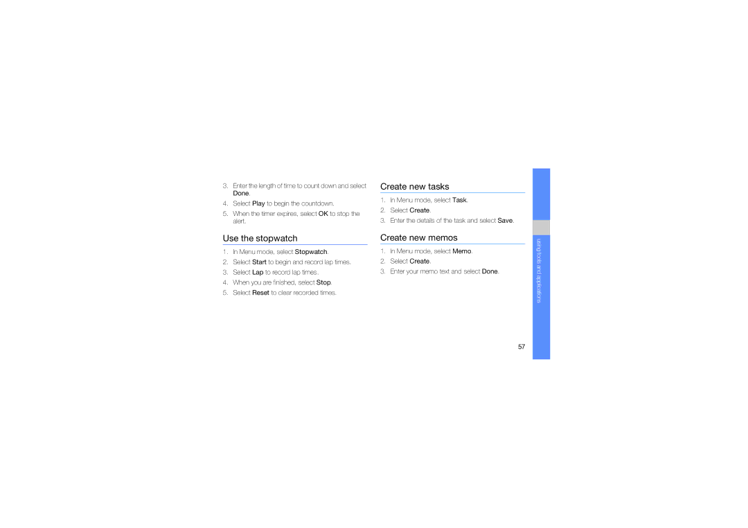 Samsung GT-B5722LIATHR, GT-B5722DNAABS, GT-B5722DNAAFG, GT-B5722DNAMWD Create new tasks, Use the stopwatch, Create new memos 