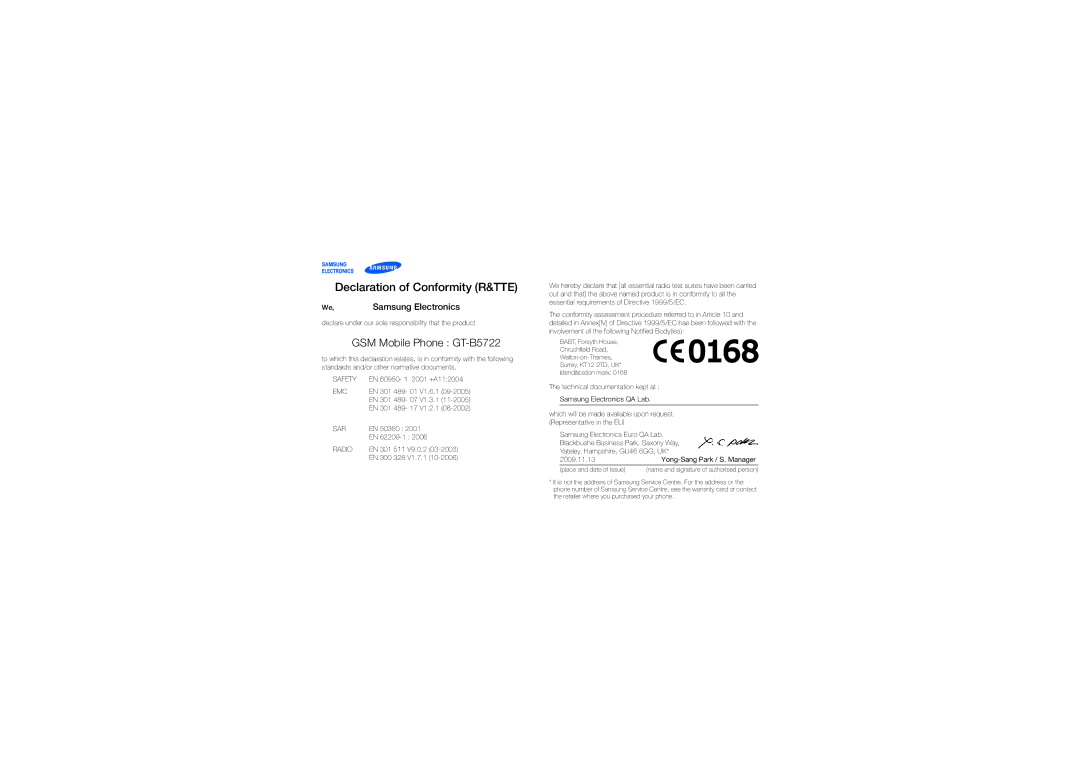 Samsung GT-B5722DNAPAK, GT-B5722DNAABS, GT-B5722DNAAFG, GT-B5722DNAMWD, GT-B5722DNAXSG manual Declaration of Conformity R&TTE 