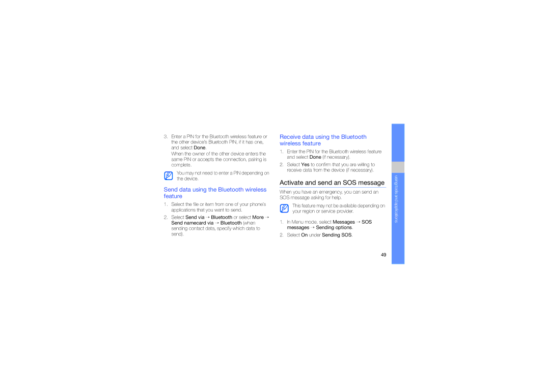 Samsung GT-B5722LIAEGY, GT-B5722DNAABS Activate and send an SOS message, Send data using the Bluetooth wireless feature 