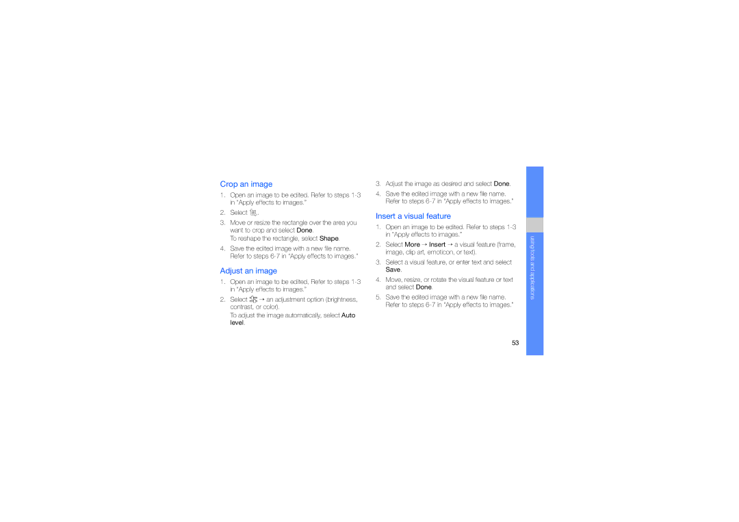 Samsung GT-B5722DNAMMC, GT-B5722DNAABS, GT-B5722DNAAFG manual Crop an image, Adjust an image, Insert a visual feature 