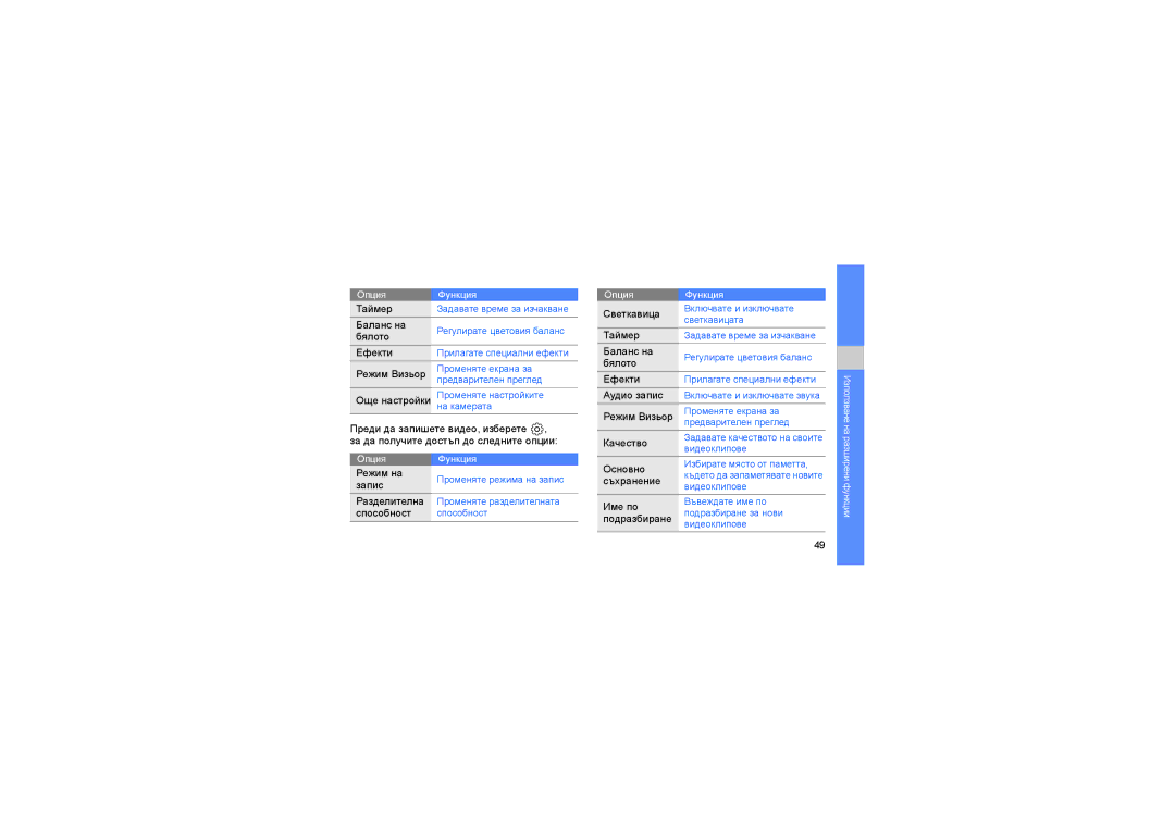 Samsung GT-B5722DNAOMX, GT-B5722DNABGL, GT-B5722LIAOMX manual Таймер, Баланс на, Бялото, Ефекти, Режим Визьор 