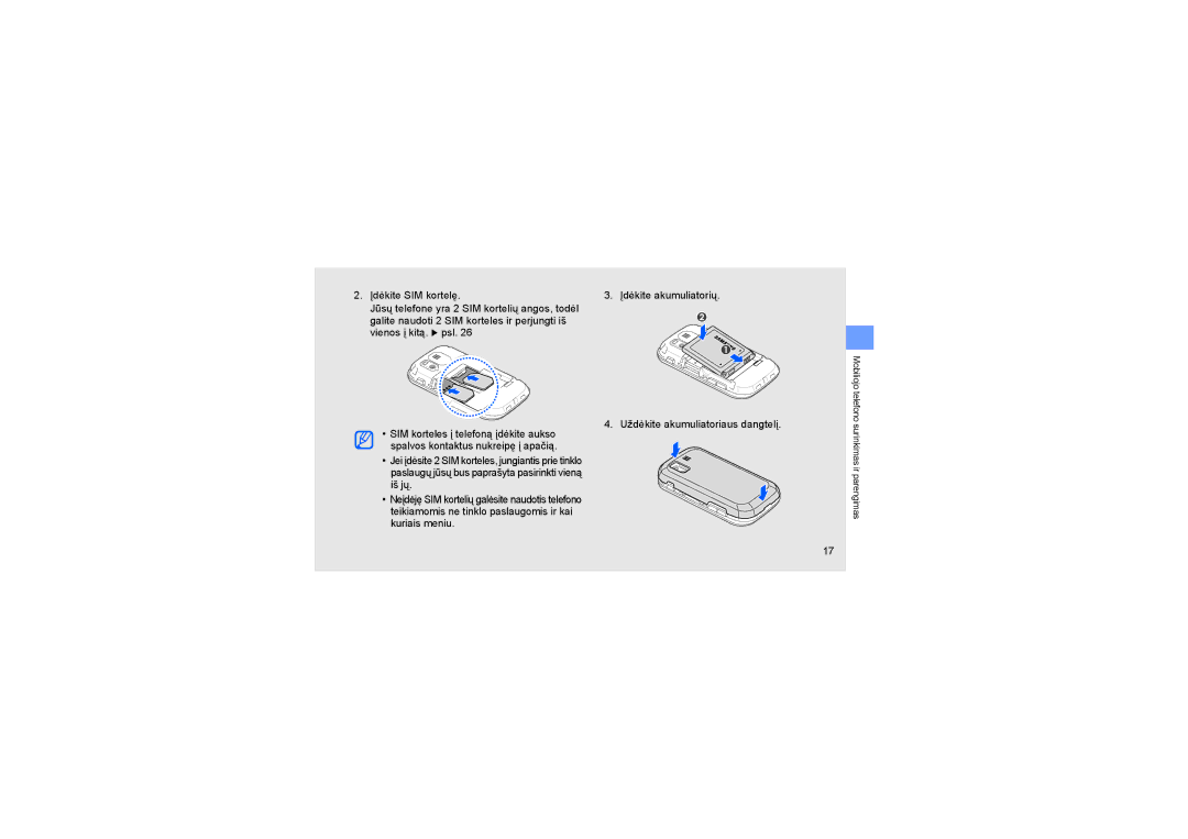 Samsung GT-B5722LIASEB, GT-B5722DNASEB manual Mobiliojo telefono surinkimas ir parengimas 