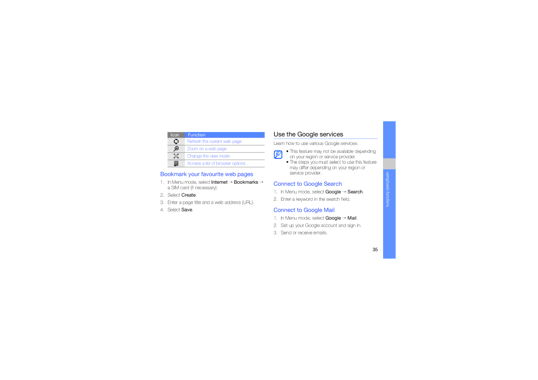 Samsung GT-B5722LIATPH manual Use the Google services, Bookmark your favourite web pages, Connect to Google Search 