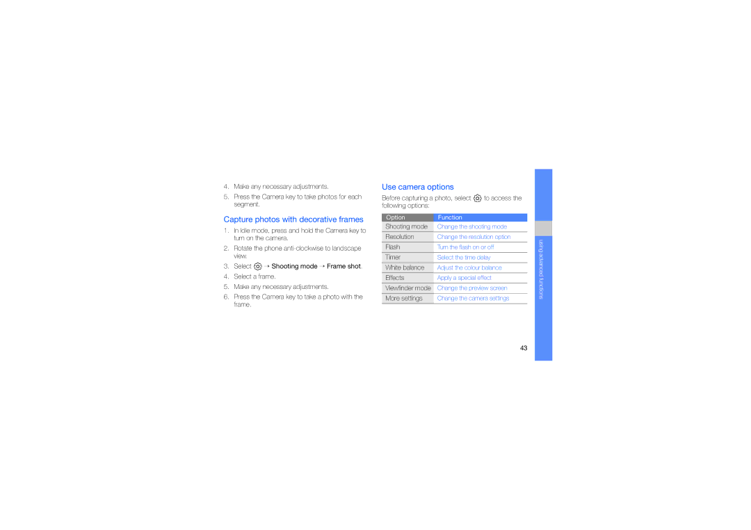 Samsung GT-B5722DNATWO, GT-B5722DNATRA, GT-B5722LIATWO manual Capture photos with decorative frames, Use camera options 