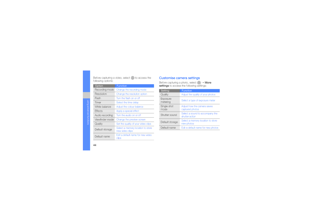 Samsung GT-B5722DNAXEZ, GT-B5722DNATRA, GT-B5722LIATWO, GT-B5722DNATWO, GT-B5722DNAIRD manual Customise camera settings 