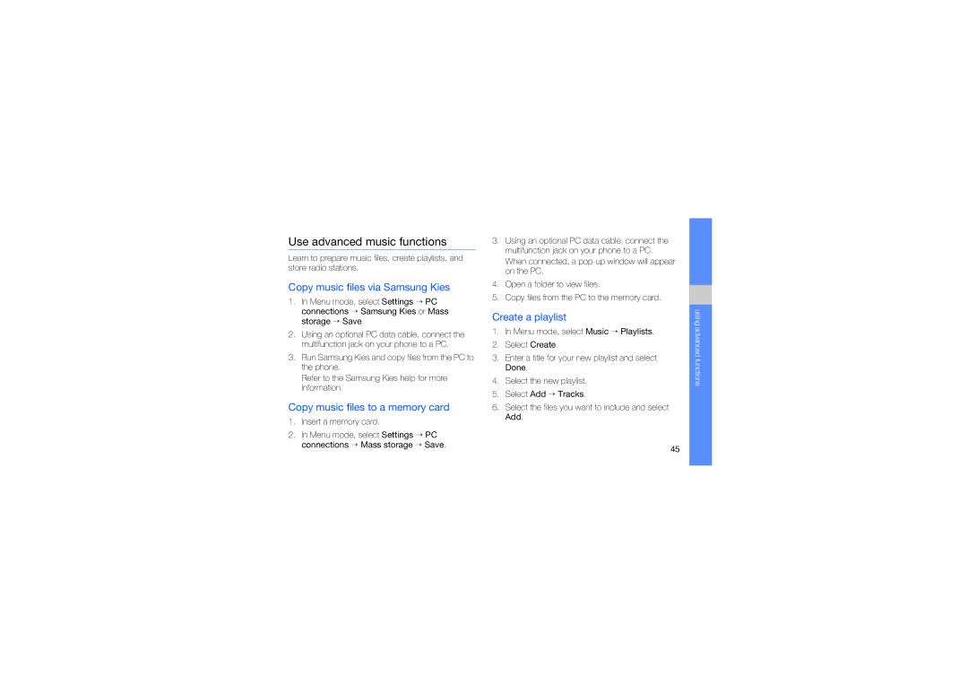 Samsung GT-B5722DNAIRD Use advanced music functions, Copy music files via Samsung Kies, Copy music files to a memory card 