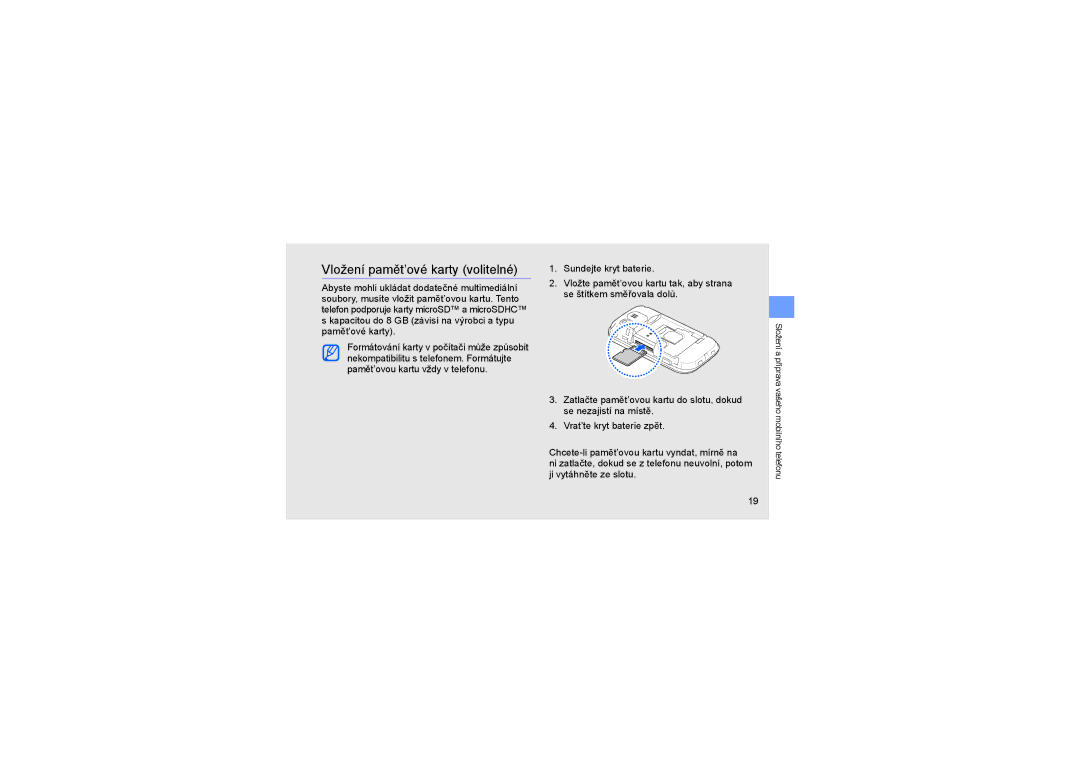 Samsung GT-B5722DNAIRD, GT-B5722DNAXEZ, GT-B5722LIAIRD, GT-B5722LIAXEZ manual Vložení pamět’ové karty volitelné 