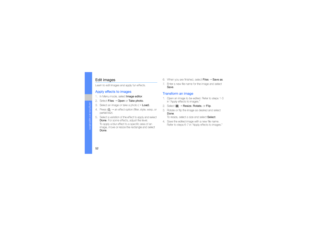 Samsung GT-B5722LIAXEF, GT-B5722DNAXEF, GT-B5722DNAABS manual Edit images, Apply effects to images, Transform an image 