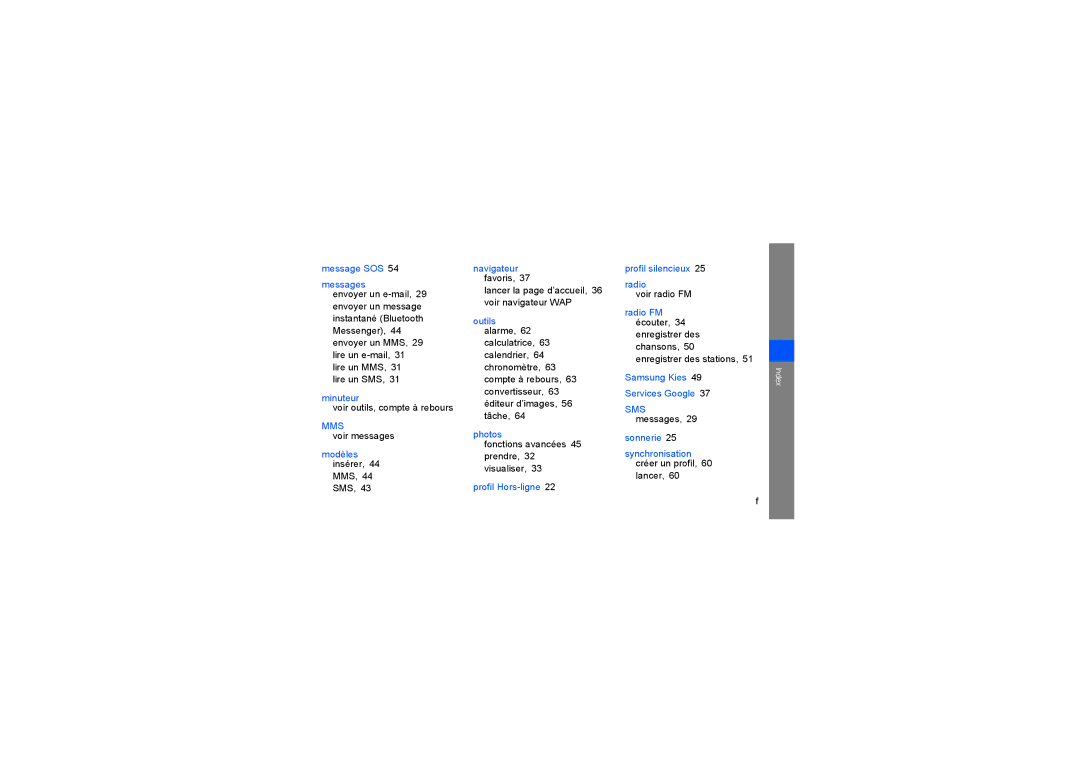 Samsung GT-B5722DNAXEF manual Message SOS Messages, Minuteur, Modèles insérer, Navigateur favoris, Outils alarme, Photos 