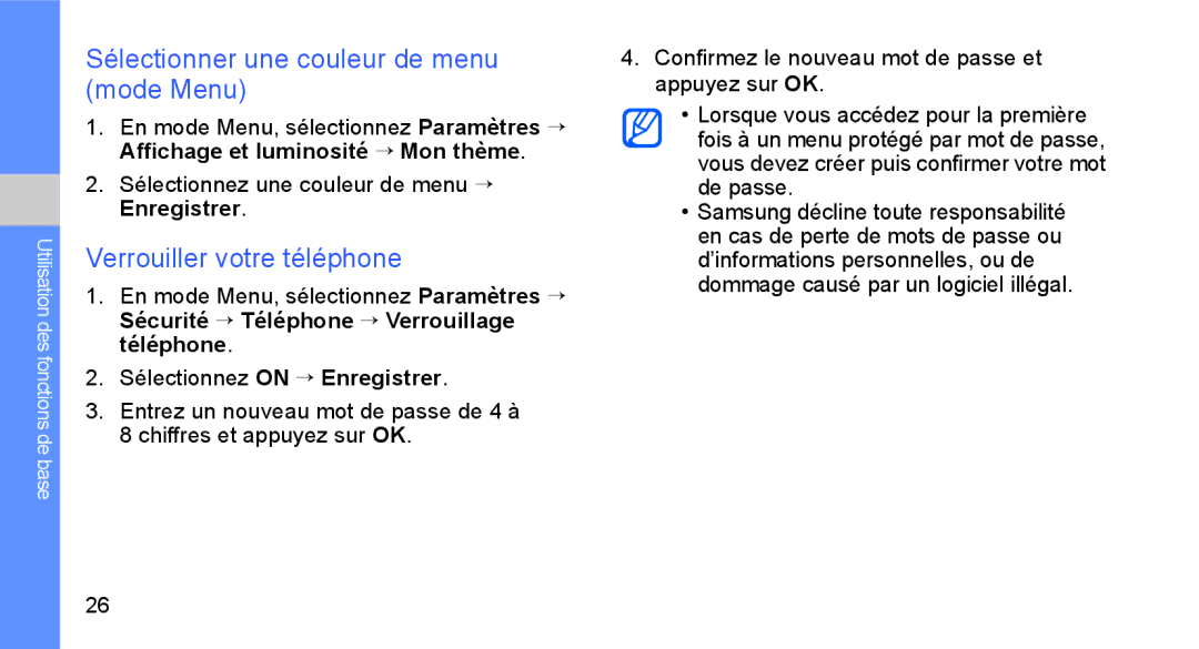 Samsung GT-B5722DNAXEF, GT-B5722LIAXEF manual Sélectionner une couleur de menu mode Menu, Verrouiller votre téléphone 