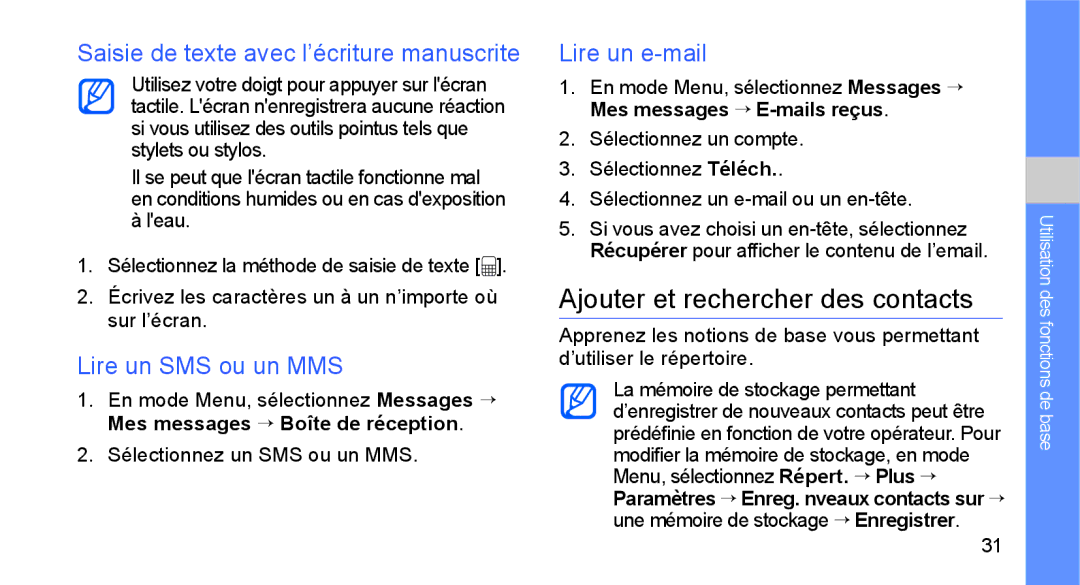 Samsung GT-B5722LIAXEF Ajouter et rechercher des contacts, Saisie de texte avec l’écriture manuscrite, Lire un e-mail 