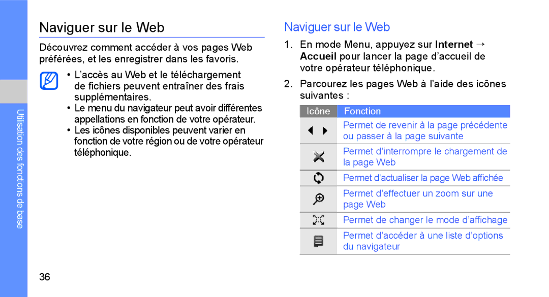 Samsung GT-B5722DNAXEF, GT-B5722LIAXEF manual Naviguer sur le Web, Parcourez les pages Web à l’aide des icônes suivantes 