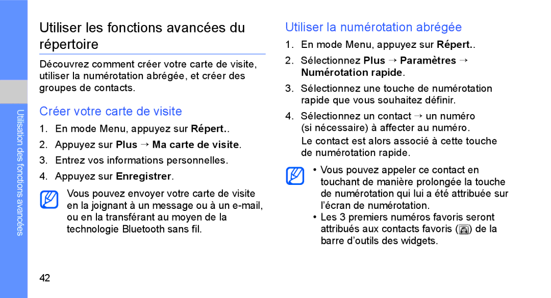 Samsung GT-B5722DNAXEF, GT-B5722LIAXEF manual Utiliser les fonctions avancées du répertoire, Créer votre carte de visite 