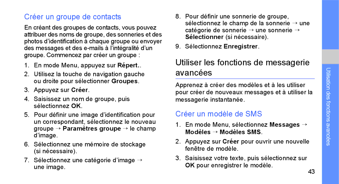 Samsung GT-B5722LIAXEF Utiliser les fonctions de messagerie avancées, Créer un groupe de contacts, Créer un modèle de SMS 