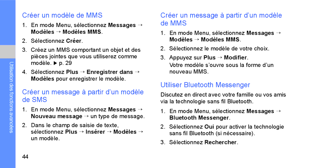 Samsung GT-B5722DNAXEF Créer un modèle de MMS, Créer un message à partir d’un modèle de SMS, Utiliser Bluetooth Messenger 