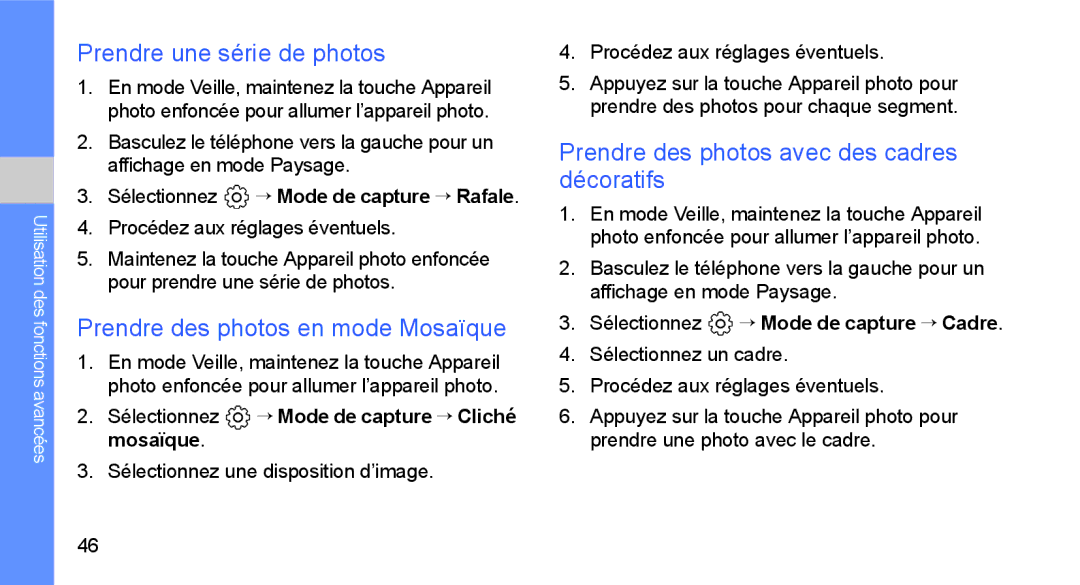 Samsung GT-B5722DNAXEF, GT-B5722LIAXEF manual Prendre une série de photos, Prendre des photos en mode Mosaïque 