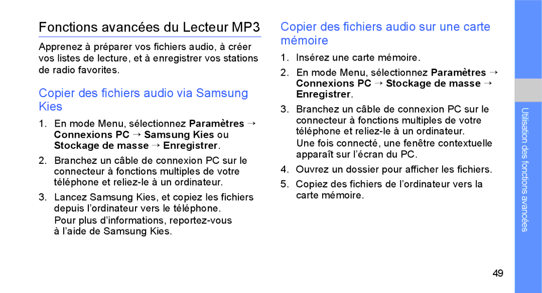 Samsung GT-B5722LIAXEF, GT-B5722DNAXEF manual Fonctions avancées du Lecteur MP3, Copier des fichiers audio via Samsung Kies 