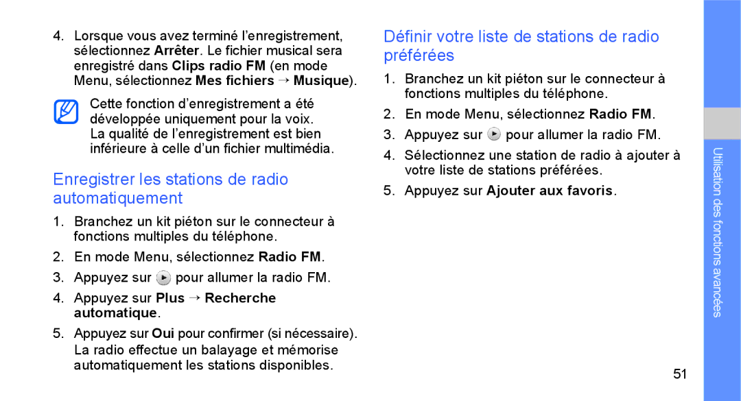 Samsung GT-B5722LIAXEF, GT-B5722DNAXEF Enregistrer les stations de radio automatiquement, Appuyez sur Ajouter aux favoris 