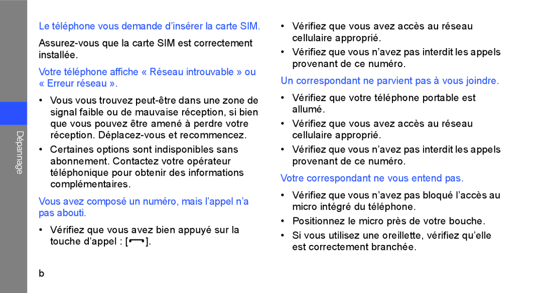 Samsung GT-B5722DNAXEF Assurez-vous que la carte SIM est correctement installée, Votre correspondant ne vous entend pas 