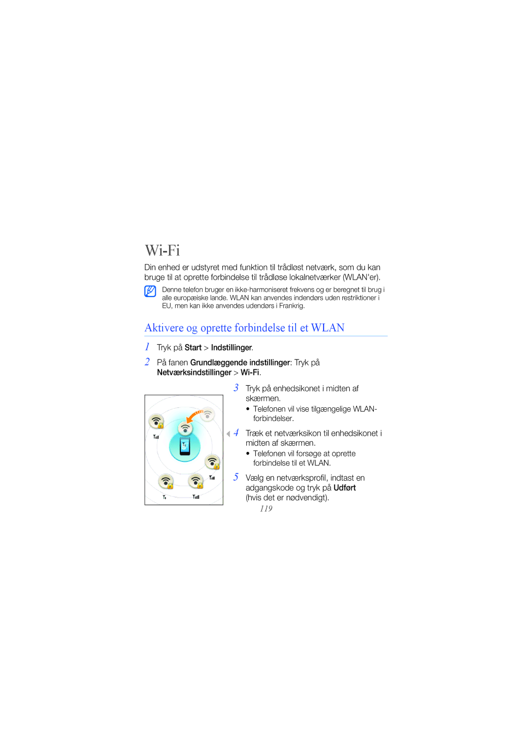Samsung GT-B7300XDAXEE, GT-B7300GRAXEE, GT-B7300IKAXEE manual Wi-Fi, Aktivere og oprette forbindelse til et Wlan, 119 