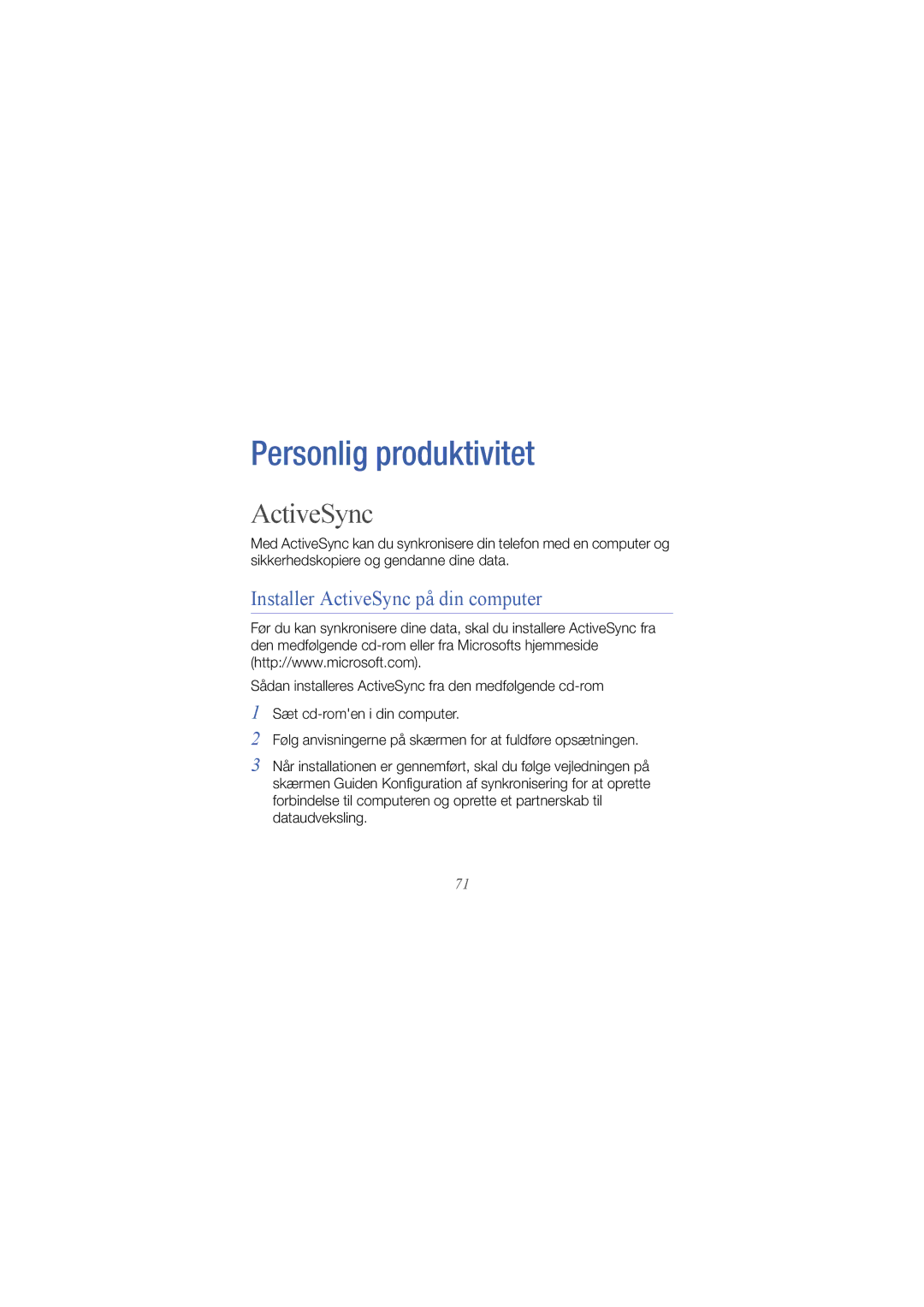 Samsung GT-B7300XDAXEE, GT-B7300GRAXEE, GT-B7300IKAXEE manual Installer ActiveSync på din computer 