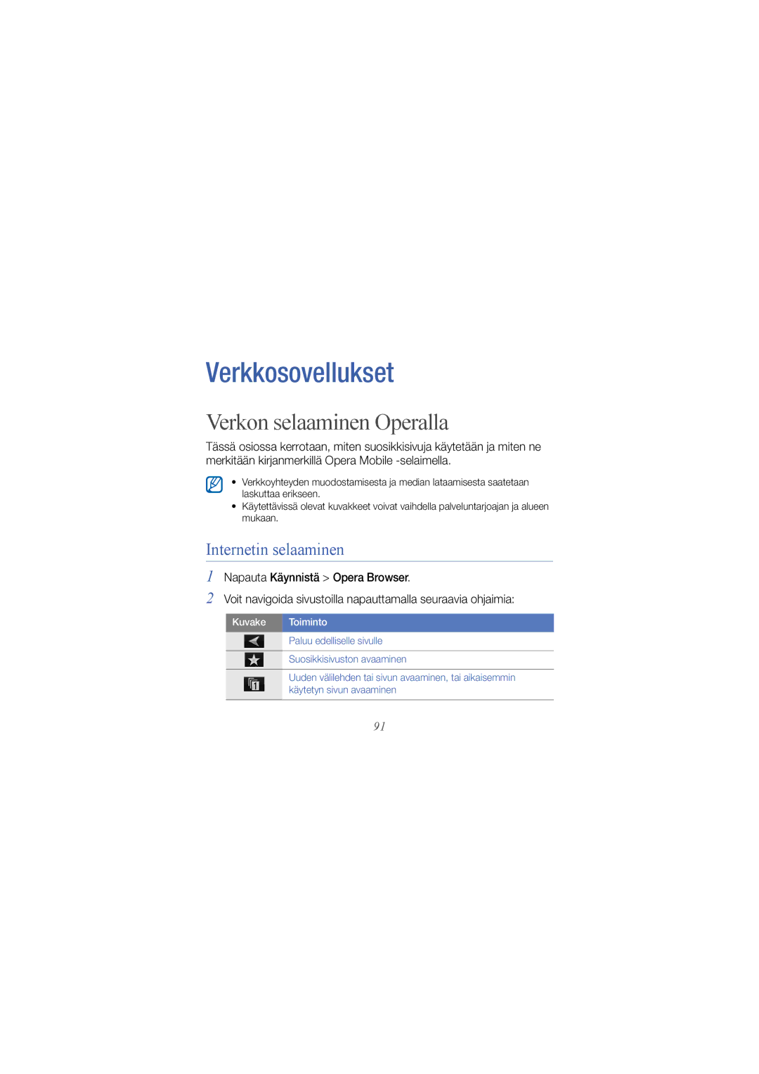 Samsung GT-B7300IKAXEE, GT-B7300GRAXEE, GT-B7300XDAXEE manual Verkon selaaminen Operalla, Internetin selaaminen 