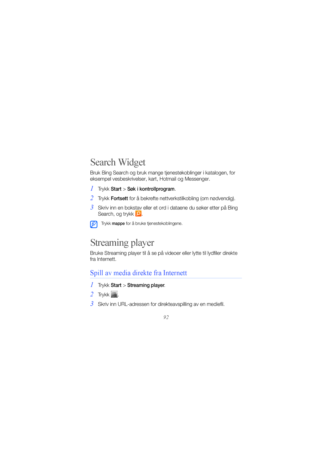 Samsung GT-B7300XDAXEE, GT-B7300GRAXEE manual Search Widget, Streaming player, Spill av media direkte fra Internett 