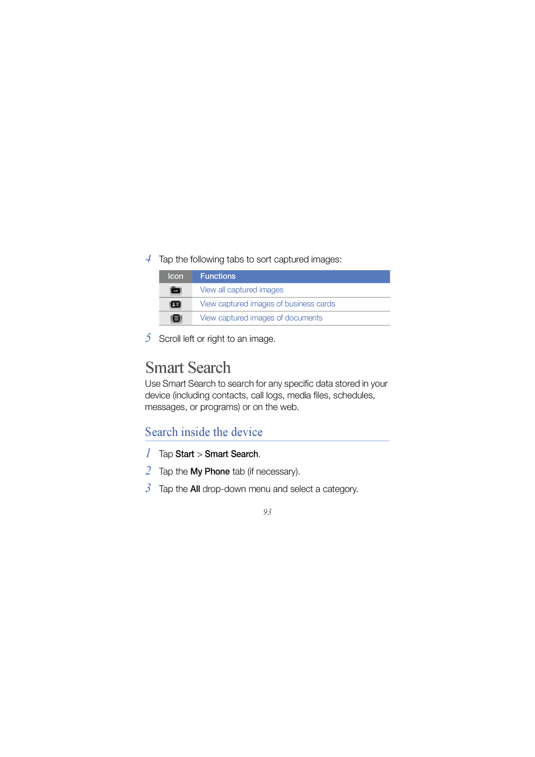 Samsung GT-B7300GRAAMN manual Smart Search, Search inside the device, Tap the following tabs to sort captured images 