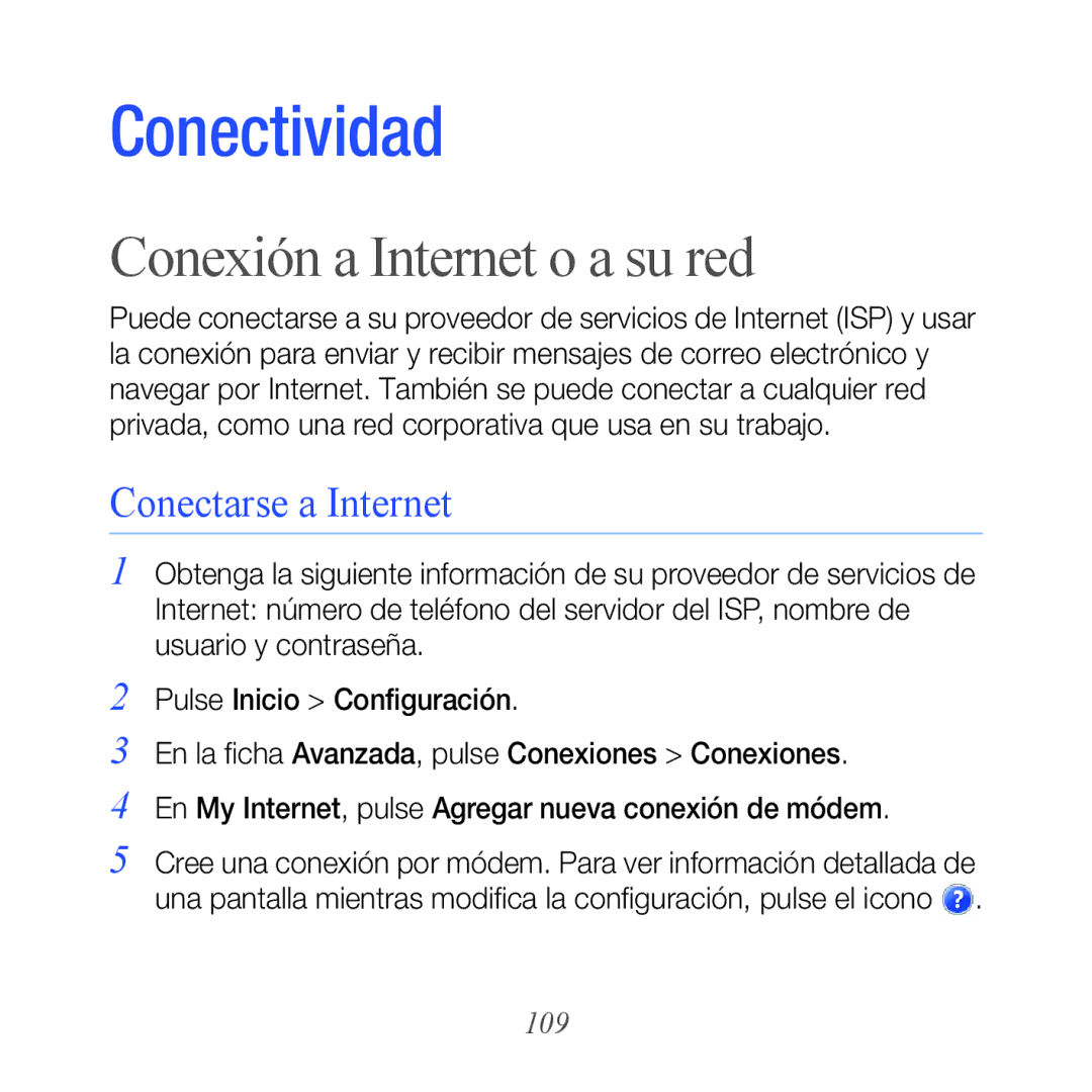 Samsung GT-B7300GRABIT, GT-B7300XDAFOP, GT-B7300IKABIT manual Conexión a Internet o a su red, Conectarse a Internet, 109 