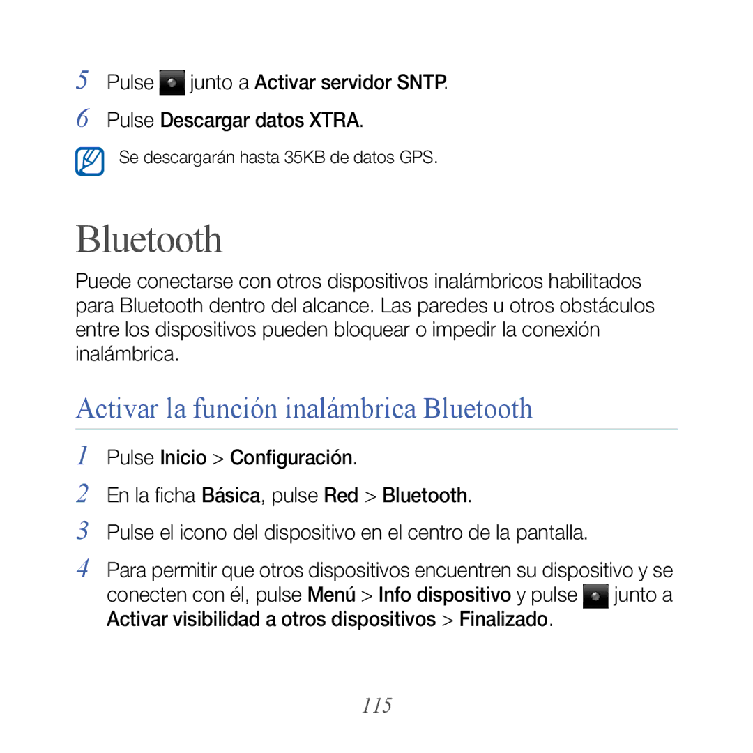 Samsung GT-B7300XDABIT, GT-B7300XDAFOP, GT-B7300IKABIT, GT-B7300XDAAMN Activar la función inalámbrica Bluetooth, 115 