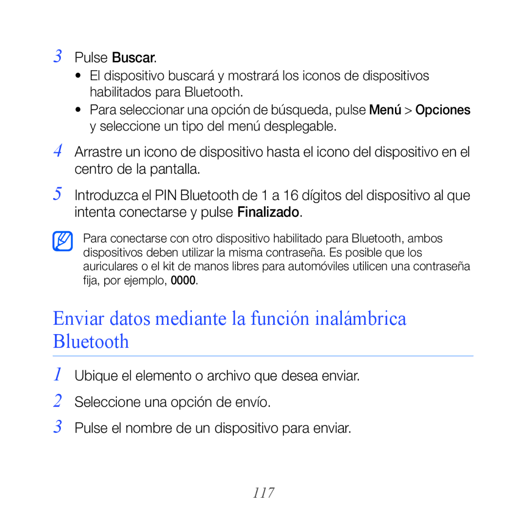 Samsung GT-B7300IKAFOP, GT-B7300XDAFOP manual Enviar datos mediante la función inalámbrica Bluetooth, Pulse Buscar, 117 