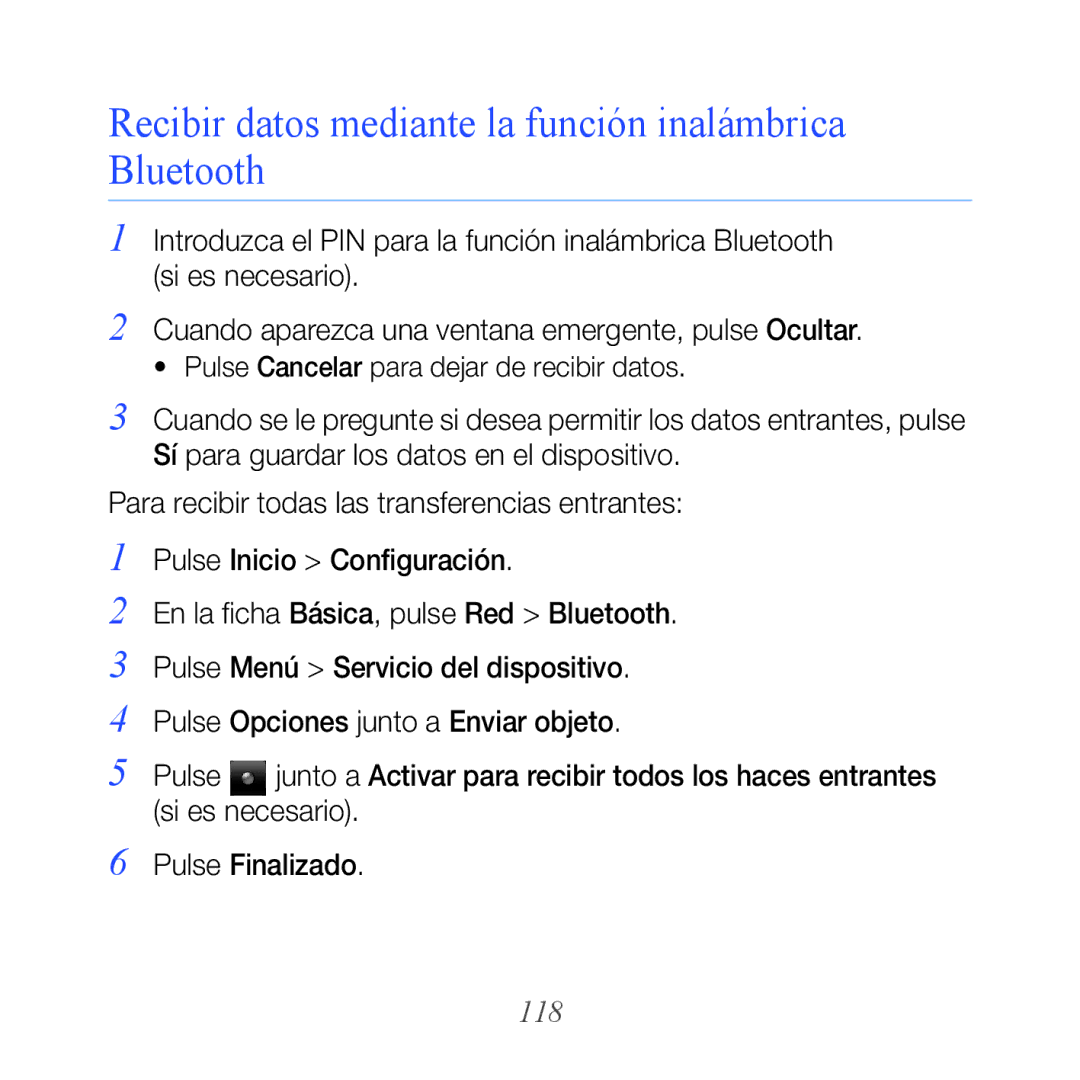 Samsung GT-B7300GRAFOP, GT-B7300XDAFOP, GT-B7300IKABIT manual Recibir datos mediante la función inalámbrica Bluetooth, 118 