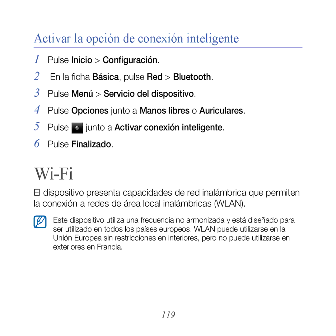 Samsung GT-B7300GRABIT, GT-B7300XDAFOP, GT-B7300IKABIT, GT-B7300XDAAMN Wi-Fi, Activar la opción de conexión inteligente, 119 