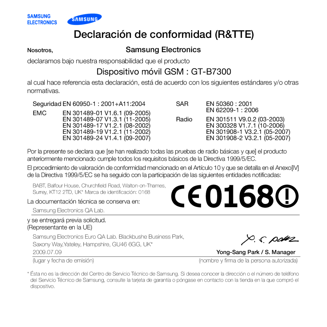 Samsung GT-B7300GRAFOP, GT-B7300XDAFOP, GT-B7300IKABIT, GT-B7300XDAAMN, GT-B7300IKAAMN manual Declaración de conformidad R&TTE 