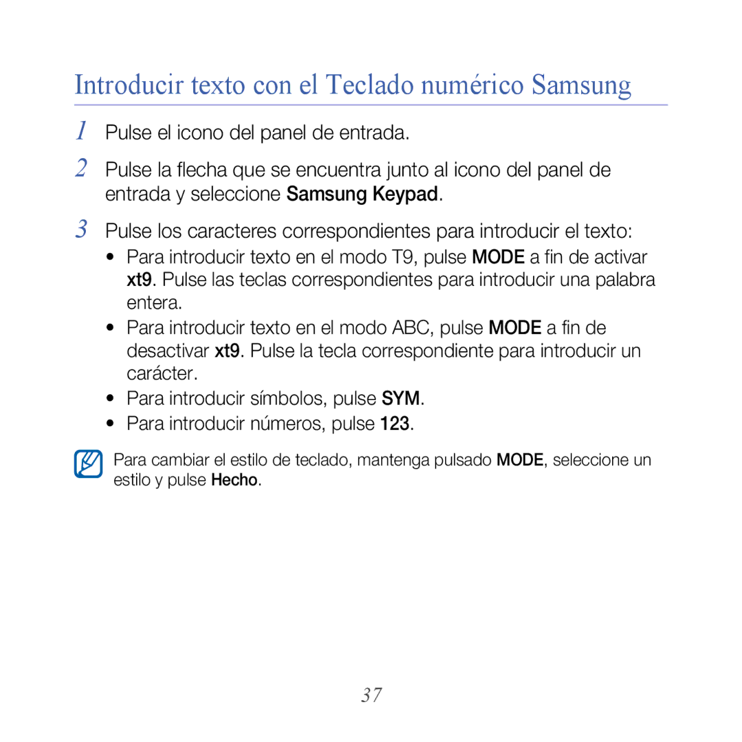 Samsung GT-B7300IKAFOP, GT-B7300XDAFOP, GT-B7300IKABIT, GT-B7300XDAAMN manual Introducir texto con el Teclado numérico Samsung 